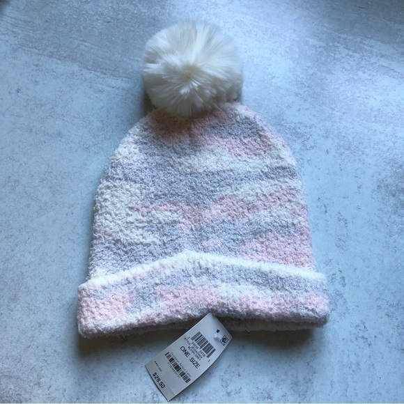 Jenni Pom Pom Faux Fur Beanie Pink Gray Cream Camo Print One Size - Picture 5 of 7